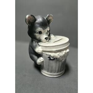 Vintage Artmark Japan Dog Trash Can Ceramic Coin Bank Figurine Gray White Puppy